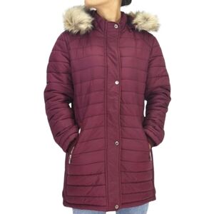 Lee Hanton Womens Sherpa-Lined Puffer Coat with Detachable Hood Burgundy Size XL